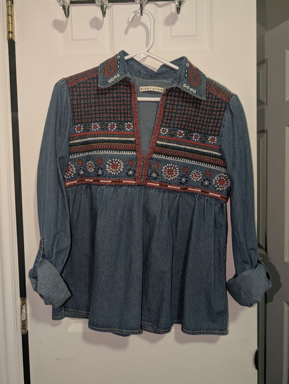 Alice + Olivia Denim Tunic with Red and White Embroidery